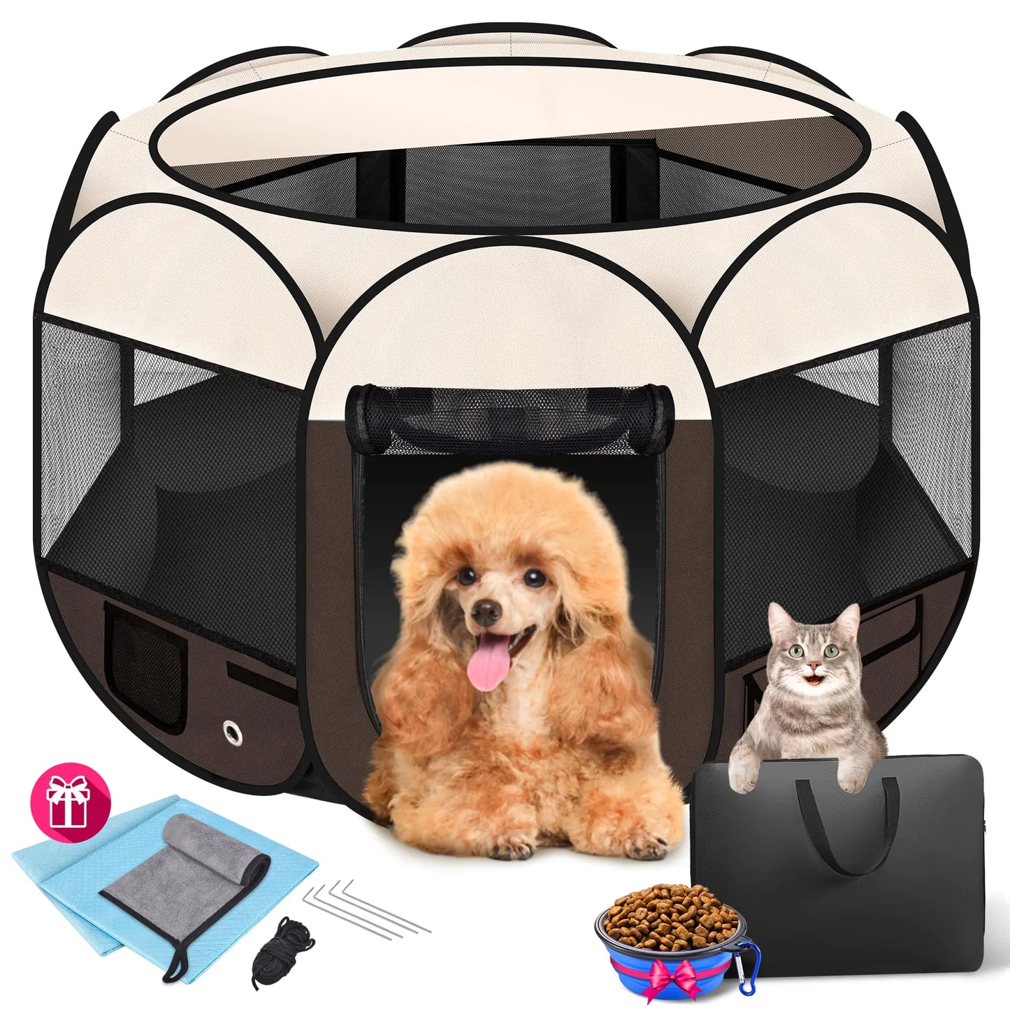 36" Foldable Pet Playpen for Medium/Small DogsHOMAGICO Pet Playpen for Indoor Cats EnclosedPortable Dog Playpen Outdoor Tent Crate with Carrying CaseWater-Resistant and Removable Shade CoverBrown