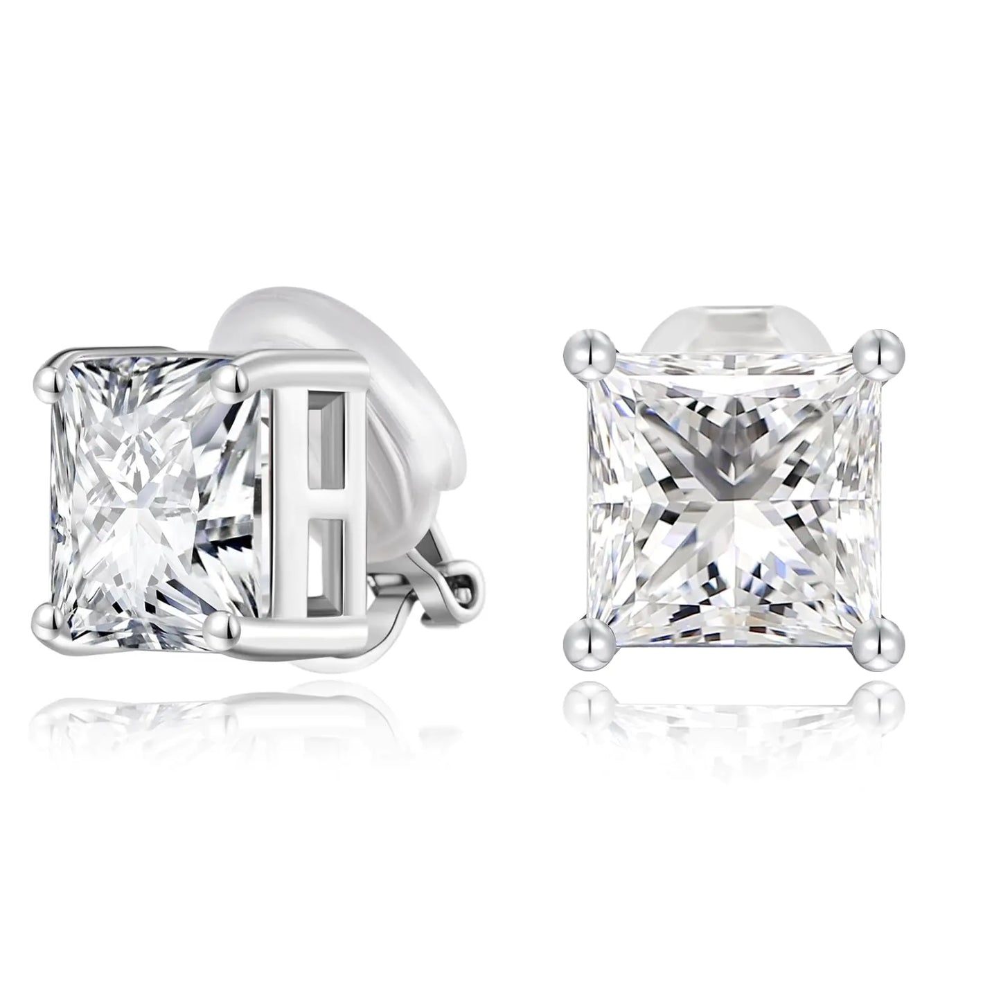 FAMARINE Silver Clip on Earrings Women CZ Square Clip Earrings Non-pierced Earrings Fake Earrings