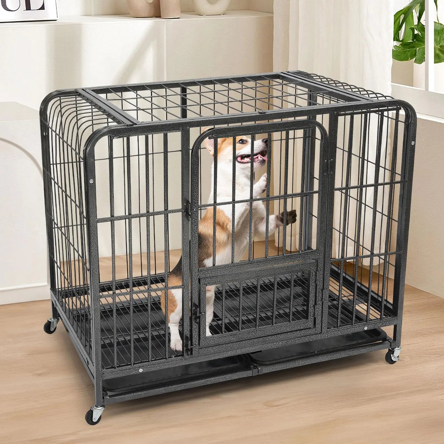 30 inch Dog Crate Metal Dog Crate Heavy Duty Wire Dog Cage for Small Dogs Indoor Double Door Training Dog Crate Removable Cleaning Tray 2 Lockable Wheels
