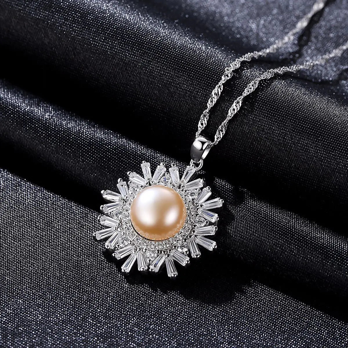 Pearl Necklace, Sterling Silver Necklace, Snowflake Pendant