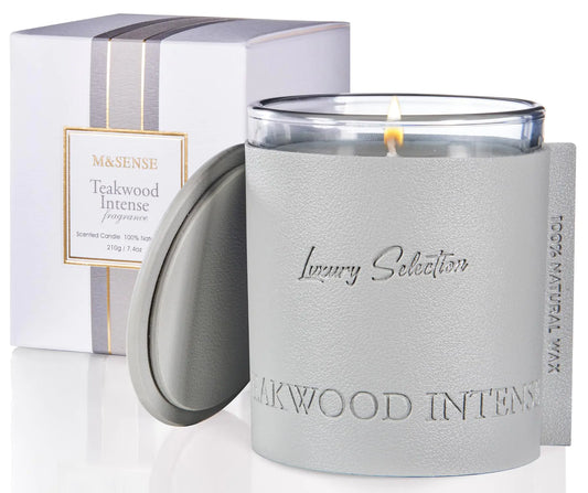 M&SENSE Soy Candle Teakwood Scented 7.4oz 40 Hours Long Lasting Natural Aromatic Candle Leather Wrapped Luxury Candle Gifts for Men & Women Relaxing Aromatherapy Candle for Stress Relief
