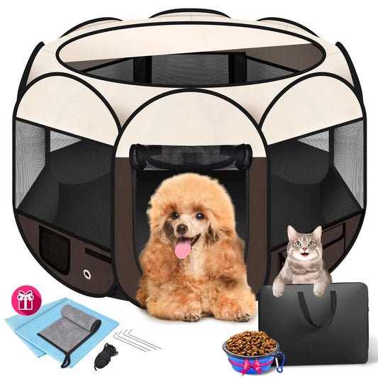 36" Foldable Pet Playpen for Medium/Small DogsHOMAGICO Pet Playpen for Indoor Cats EnclosedPortable Dog Playpen Outdoor Tent Crate with Carrying CaseWater-Resistant and Removable Shade CoverBrown