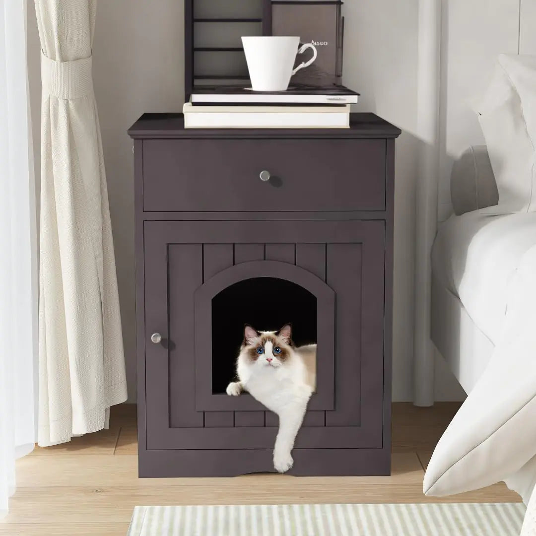 Okak Cat Litter Box Enclosure with Drawer and Single Door Hidden Litter Box Furniture Pet Crate Covered NightstandNight Stand Cat House IndoorBrown18.9 W