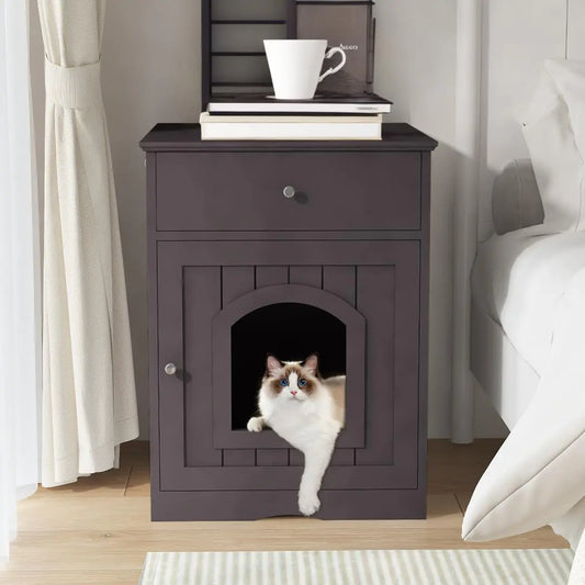 Okak Cat Litter Box Enclosure with Drawer and Single Door Hidden Litter Box Furniture Pet Crate Covered NightstandNight Stand Cat House IndoorBrown18.9 W