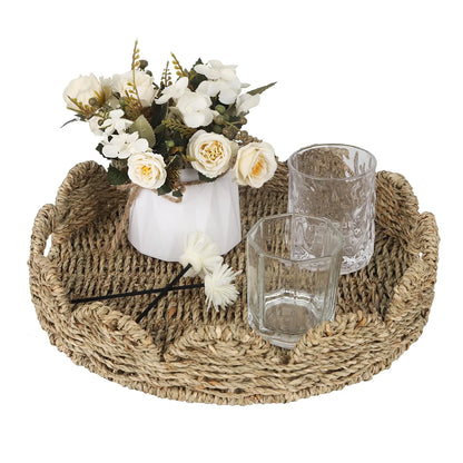 Tobulkirl Scalloped Tray Round Tray with Handles Woven Seagrass Serving Tray Scalloped Basket for Table Decor Rattan Basket Tray for Decorative and Organizer Trays