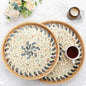 Set of 2 Rattan Serving Tray with Mother of Pearl 14 & 12 Round Coffee Table Tray Decor Round Wicker Tray Boho Decorative Tray Woven Tray (Lucky Flower)