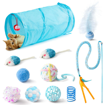 MALLMALL6 11Pcs Cat Toy Set Interactive Cat Toys Pack with Foldable Blue Tunnel Feather Teaser Wand Cat Springs Mice Crinkle Balls and Pet Bell Balls Puzzle Toys for Indoor Cats Gift (Blue)
