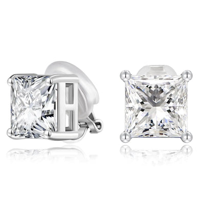 FAMARINE Silver Clip on Earrings Women CZ Square Clip Earrings Non-pierced Earrings Fake Earrings