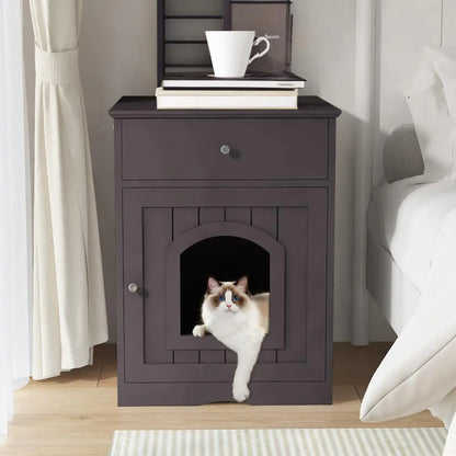 Okak Cat Litter Box Enclosure with Drawer and Single Door Hidden Litter Box Furniture Pet Crate Covered NightstandNight Stand Cat House IndoorBrown18.9 W