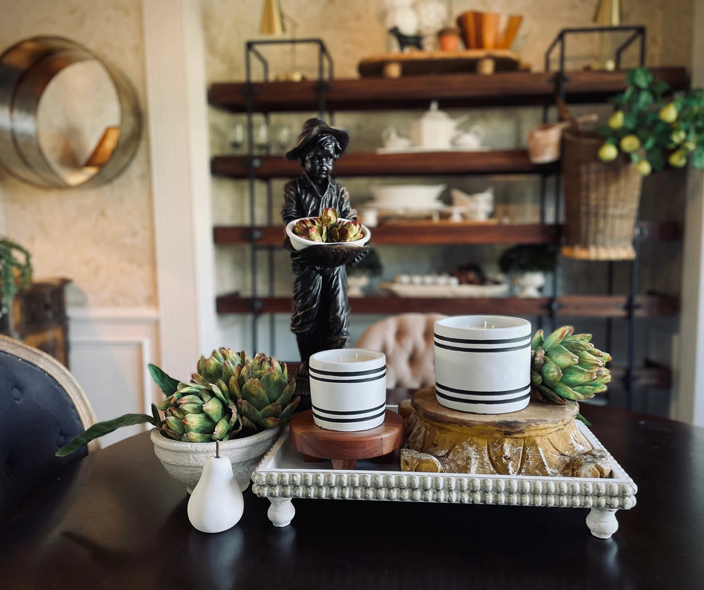 Luxury Large Striped Stone Designer Candle - Farmhouse