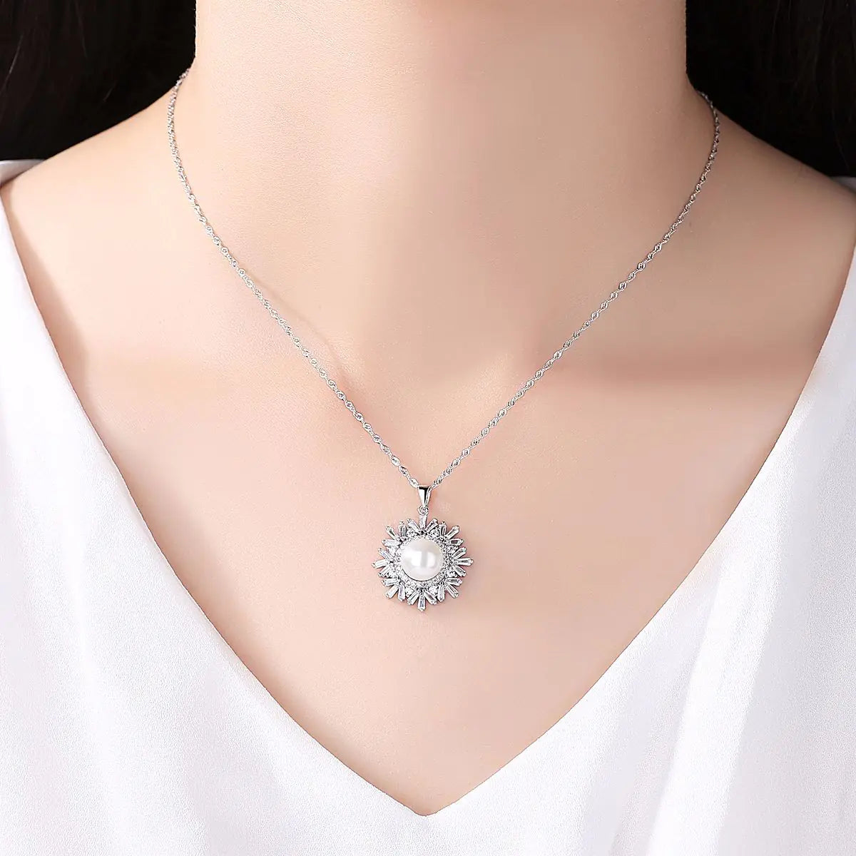 Pearl Necklace, Sterling Silver Necklace, Snowflake Pendant